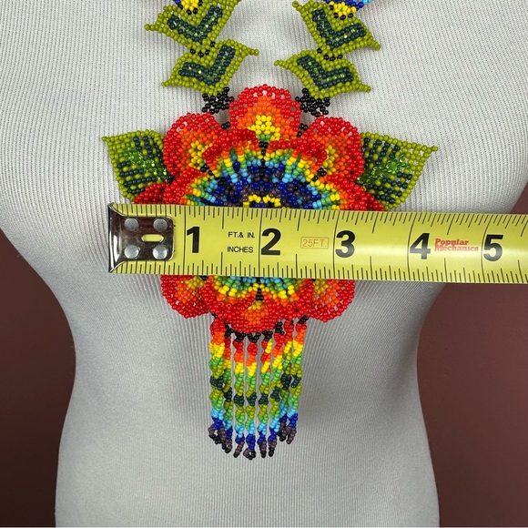 Huichol necklace Multicolor flower beaded necklace mexican style tassel - Picture 5 of 6